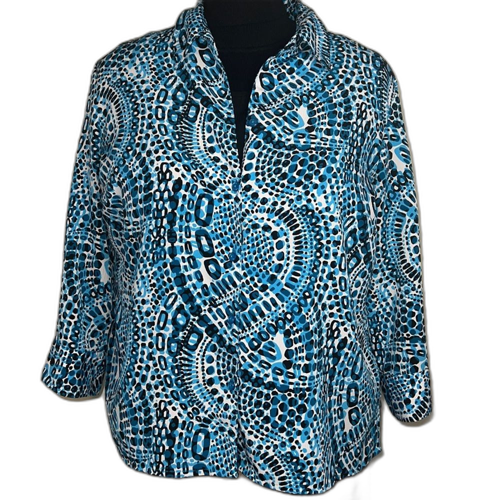 Elementz Women's Size XL Blouse Blue and White with Black Built-in Tank Buttons